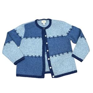🧶✨ Vintage Talbots Wool Cardigan Sweater | Women’s Medium | Blue Patchwork